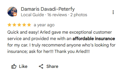 Reseña de cliente sobre seguro de carro en Florida