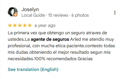 Reseña de cliente sobre seguro de carro en Florida