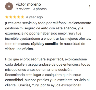 Reseña de cliente sobre seguro de carro en Florida
