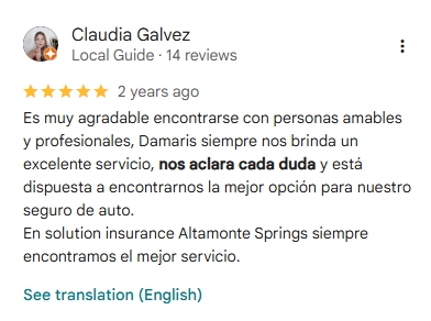 Reseña de cliente sobre seguro de carro en Florida