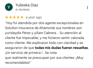 Reseña de cliente sobre seguro de carro en Florida