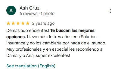 Reseña de cliente sobre seguro de carro en Florida